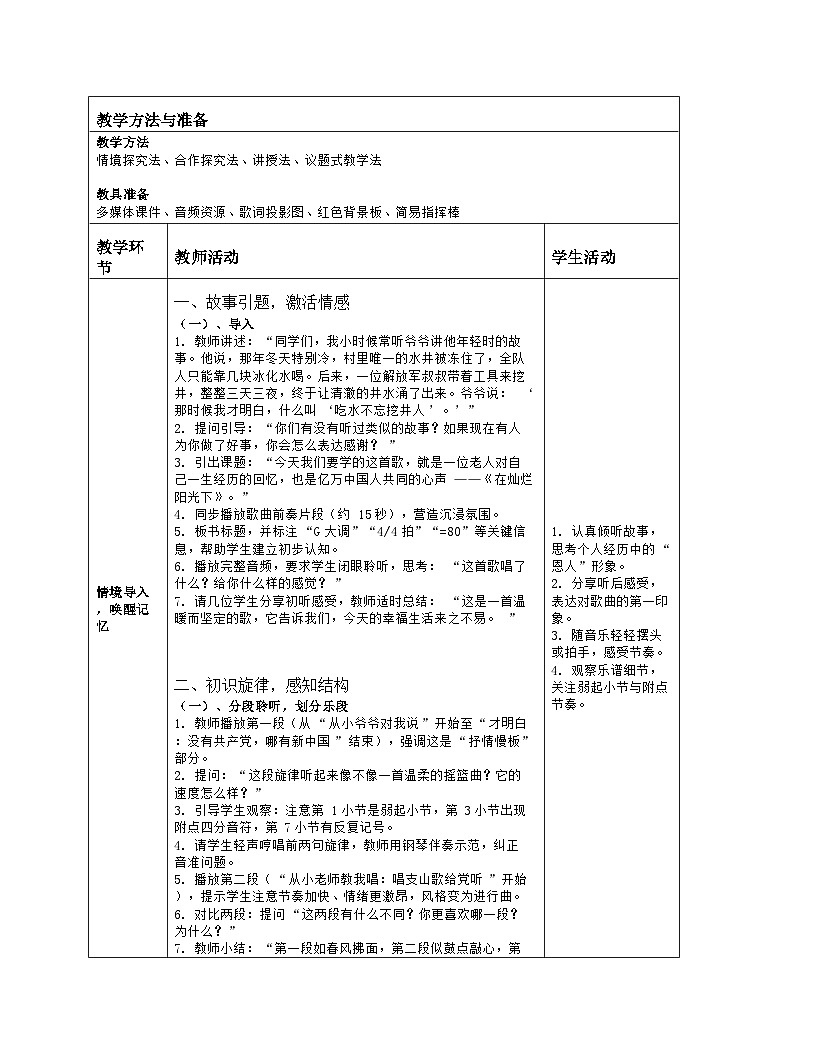 《第一单元 百年风华：欣赏 在灿烂阳光下》教学设计（表格版）-2025-2026学年人音版（简谱）（2024）音乐八年级上册第2页