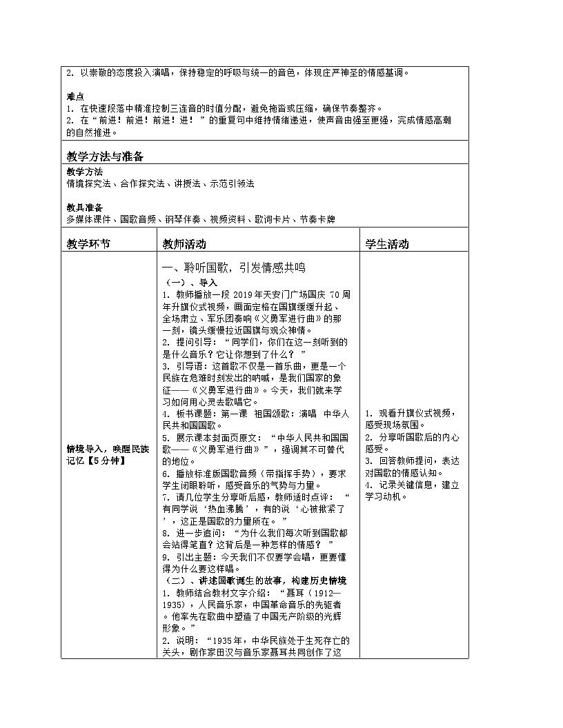 《第一课 祖国颂歌：演唱 中华人民共和国国歌》教学设计（表格版）-2025-2026学年沪教版（2024）音乐七年级上册第2页