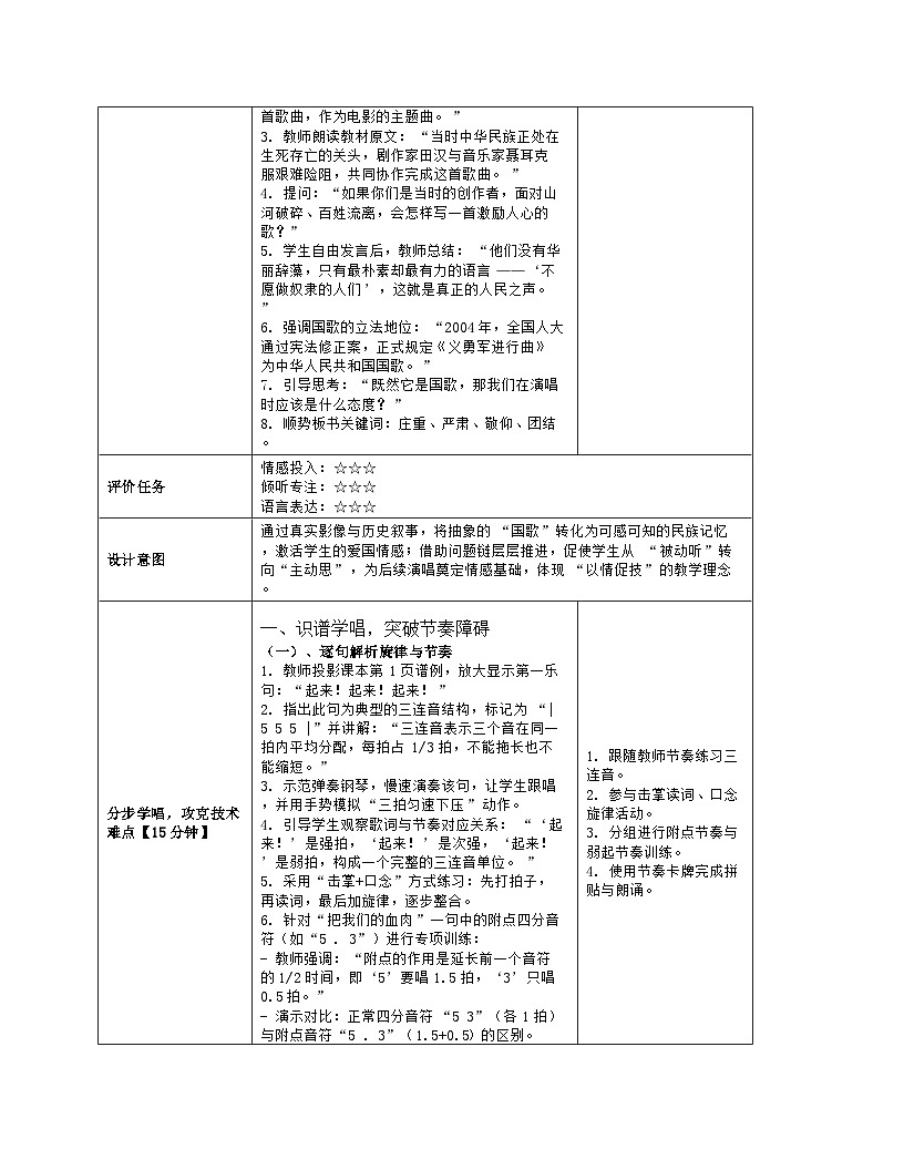 《第一课 祖国颂歌：演唱 中华人民共和国国歌》教学设计（表格版）-2025-2026学年沪教版（2024）音乐七年级上册第3页