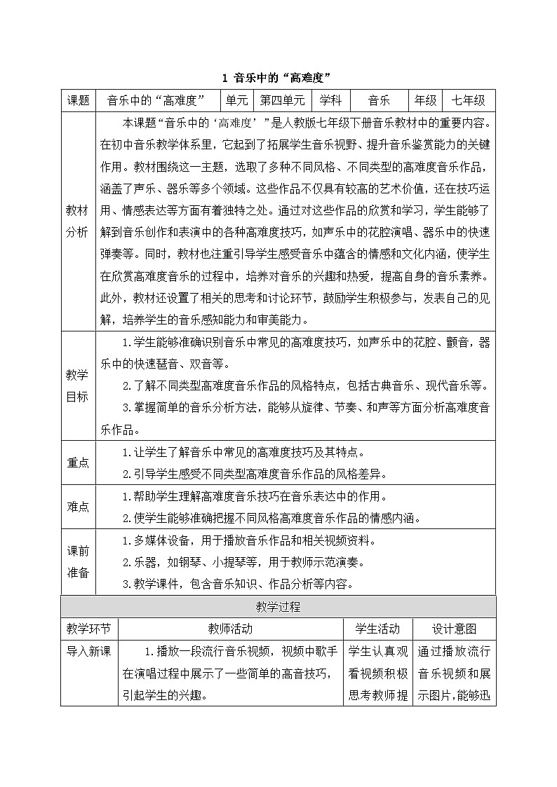 初中音乐新人教版七下第四单元《1 音乐中的“高难度”》教案第1页