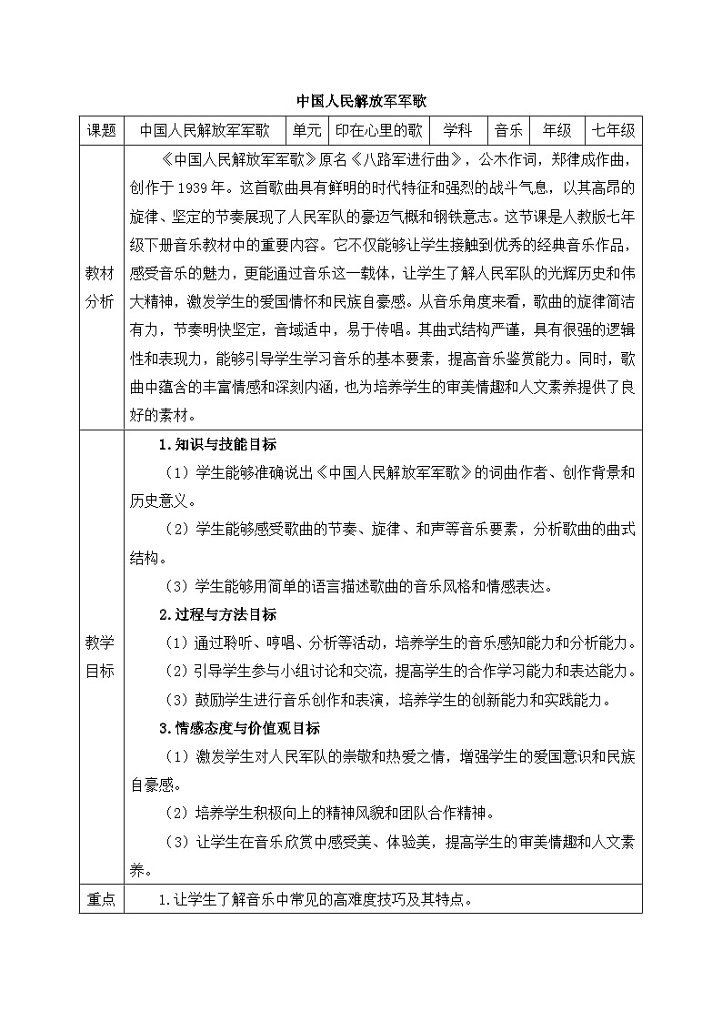 初中音乐新人教版七下《中国人民解放军军歌》表格式教案第1页