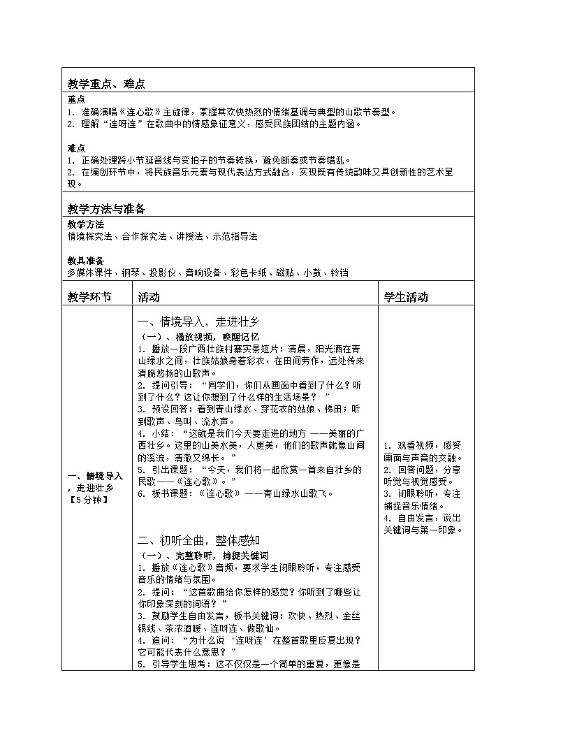 《一 山风乡韵 青山绿水山歌飞：6 连心歌（欣赏 编创）》教学设计（表格版）-2025-2026学年桂教版（2024）音乐七年级上册第2页