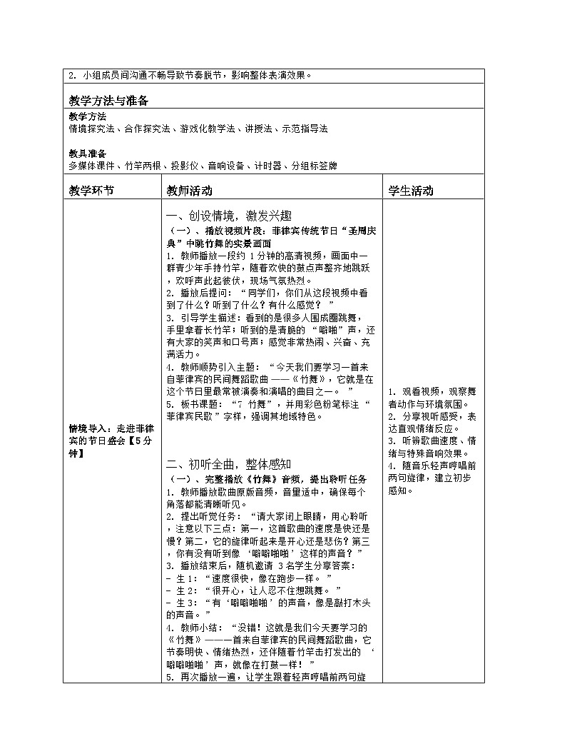 《第六单元 中外民间歌曲（一）：7 竹舞》教学设计（表格版）-2025-2026学年粤教花城版（2024）音乐七年级上册第2页