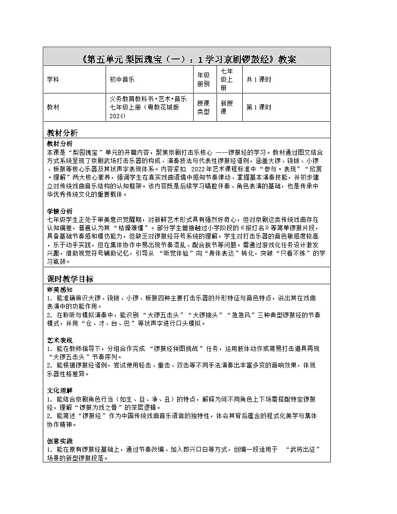 《第五单元 梨园瑰宝（一）：1 学习京剧锣鼓经》教学设计（表格版）-2025-2026学年粤教花城版（2024）音乐七年级上册第1页