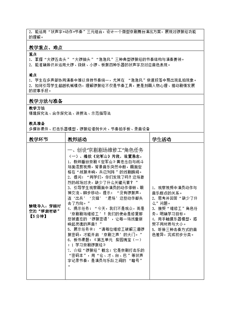 《第五单元 梨园瑰宝（一）：1 学习京剧锣鼓经》教学设计（表格版）-2025-2026学年粤教花城版（2024）音乐七年级上册第2页