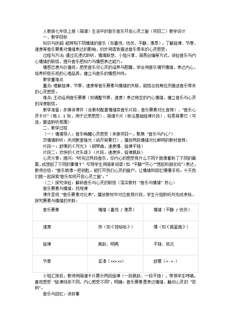 人教版七年级上册（简谱）生活中的音乐音乐开启心灵之窗（项目二）教学设计第1页