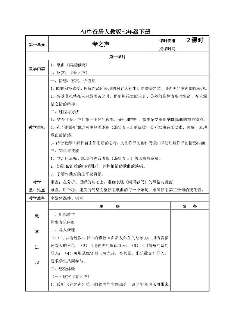 人教版七年级音乐下册全册表格教案（教学设计）01