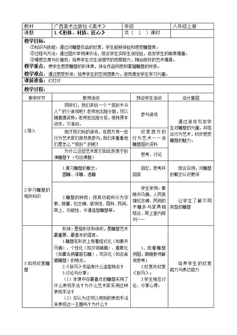 桂美版八年级上册美术 1形体 材质 匠心 教案01
