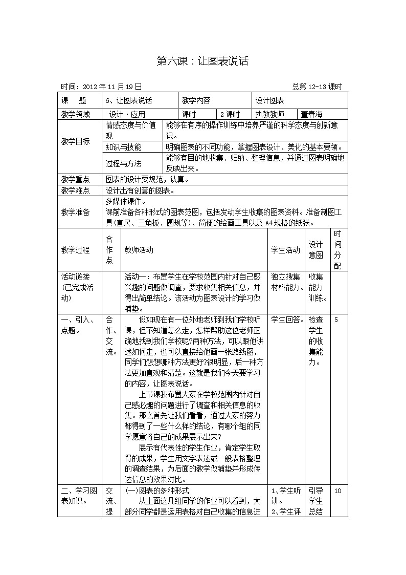 湘版七年级美术教案上册第六课：让图表说话第1页