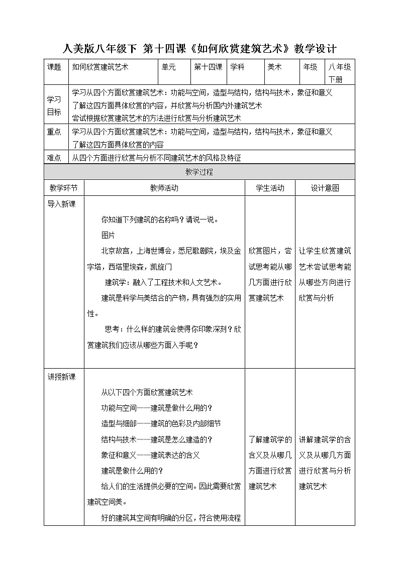 第十四课《如何欣赏建筑艺术》教案第1页