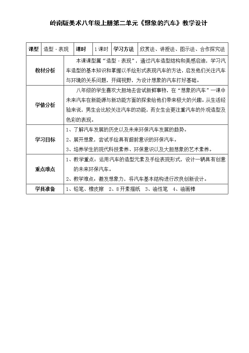 岭南版美术八年级下册4 想象的汽车 教学设计 (表格式)01