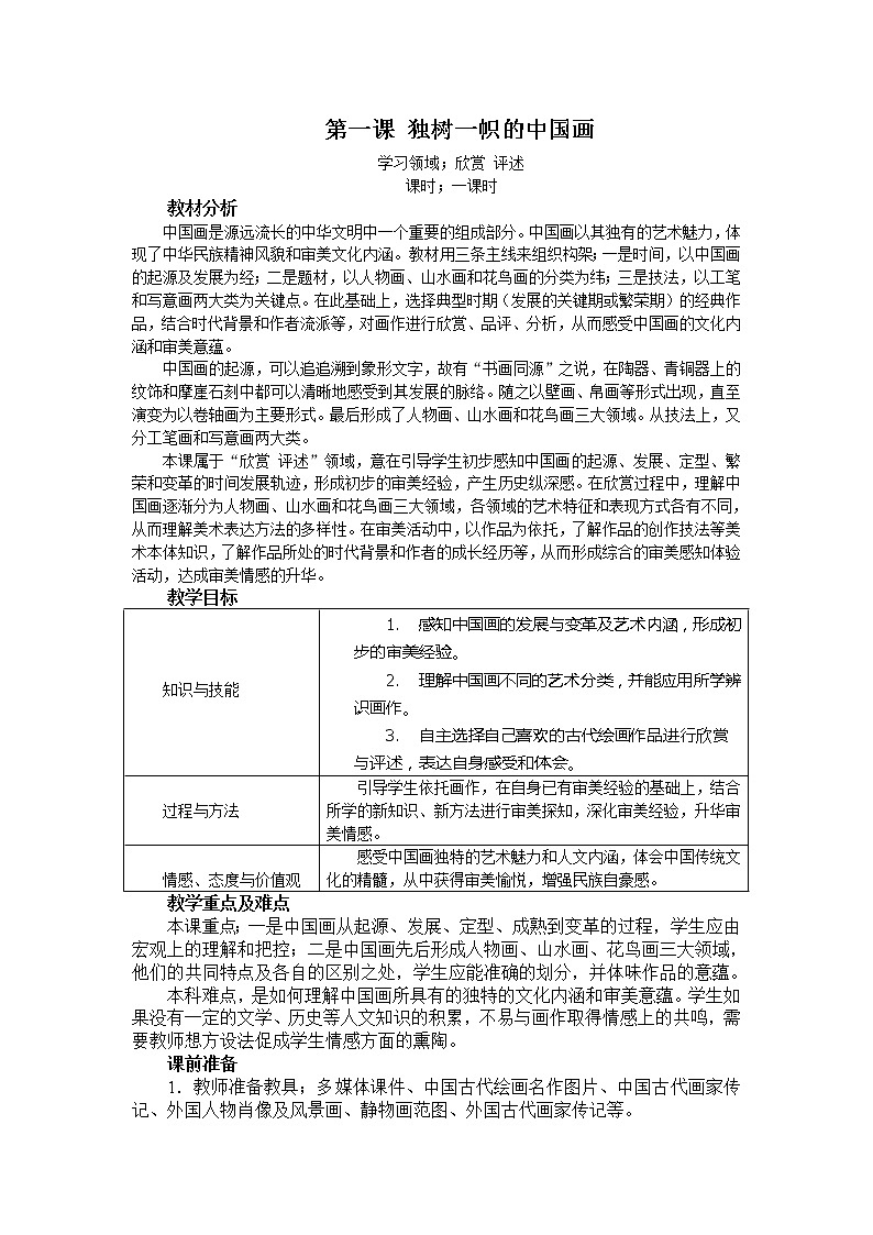 美术九年级上人美版1.1独树一帜的中国画教案1第1页