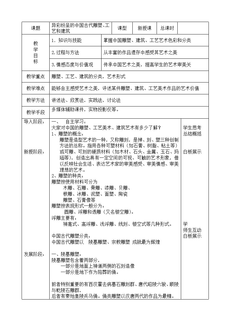 人教版美术九年级上册第2课《异彩纷呈的中国古代雕塑、工艺和建筑》教学设计第1页