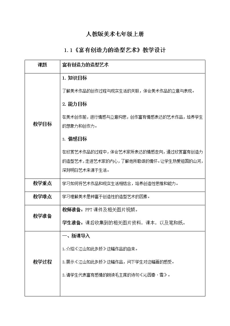 人教版7上美术《富有创造力的造型艺术》课件PPT+教案01