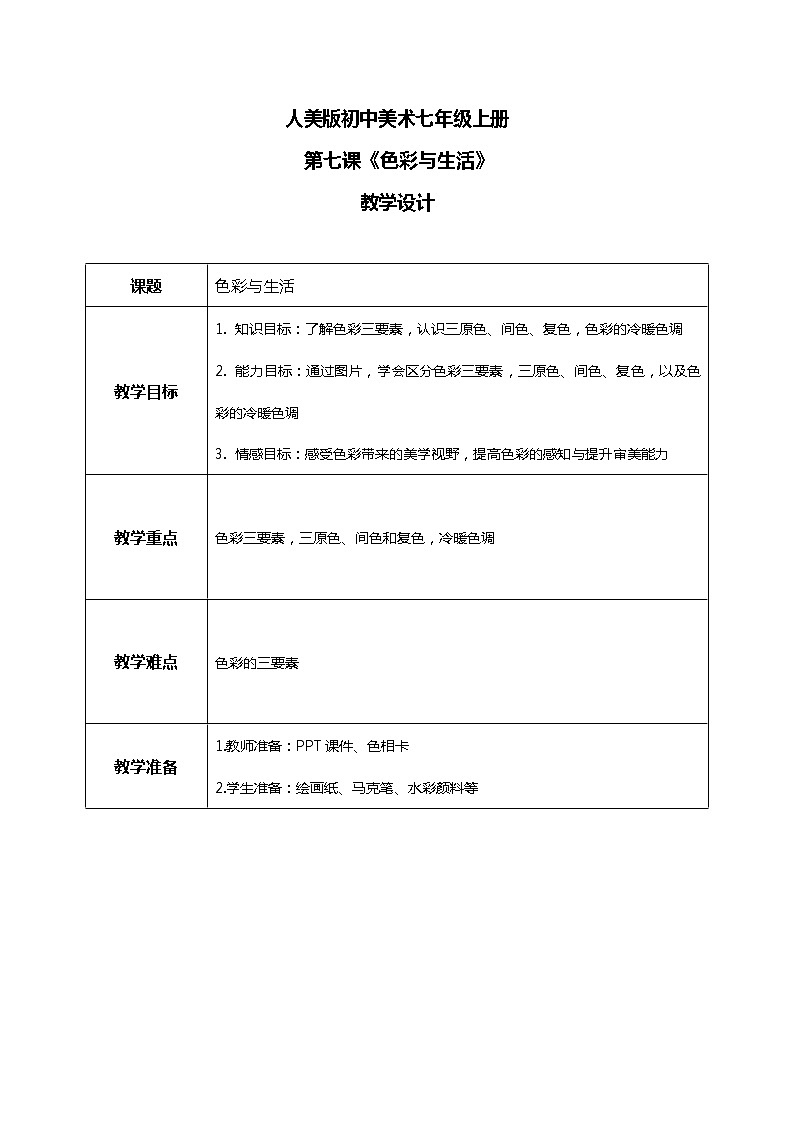 初中美术人美版七年级上册第七课色彩与生活第1页
