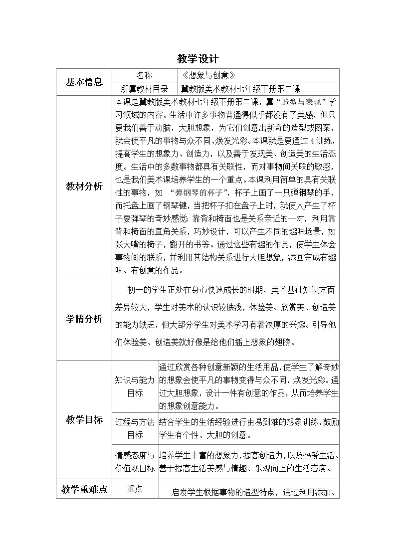 冀美版七年级下册美术 2想象与创意 教案01