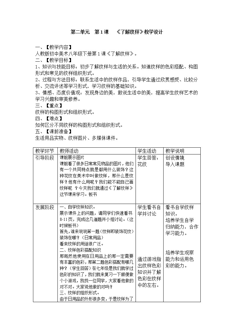 人教版美术 八下 2.1了解纹样  教案01