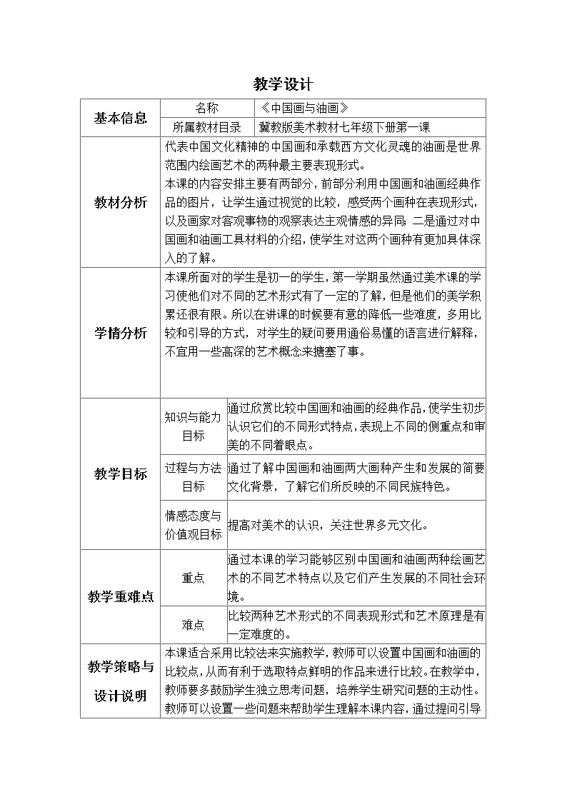 冀美版七年级下册美术 1中国画与油画 教案第1页