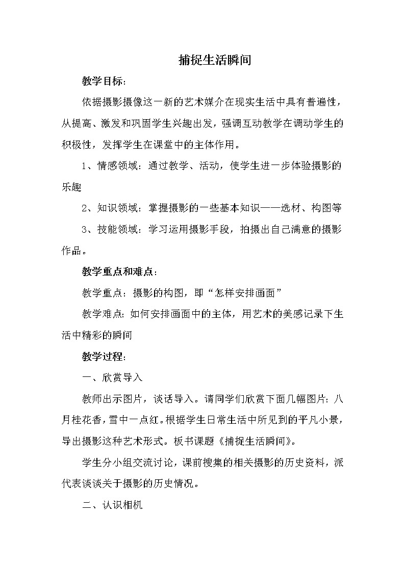 冀美版七年级下册美术 12捕捉生活瞬间 教案第1页