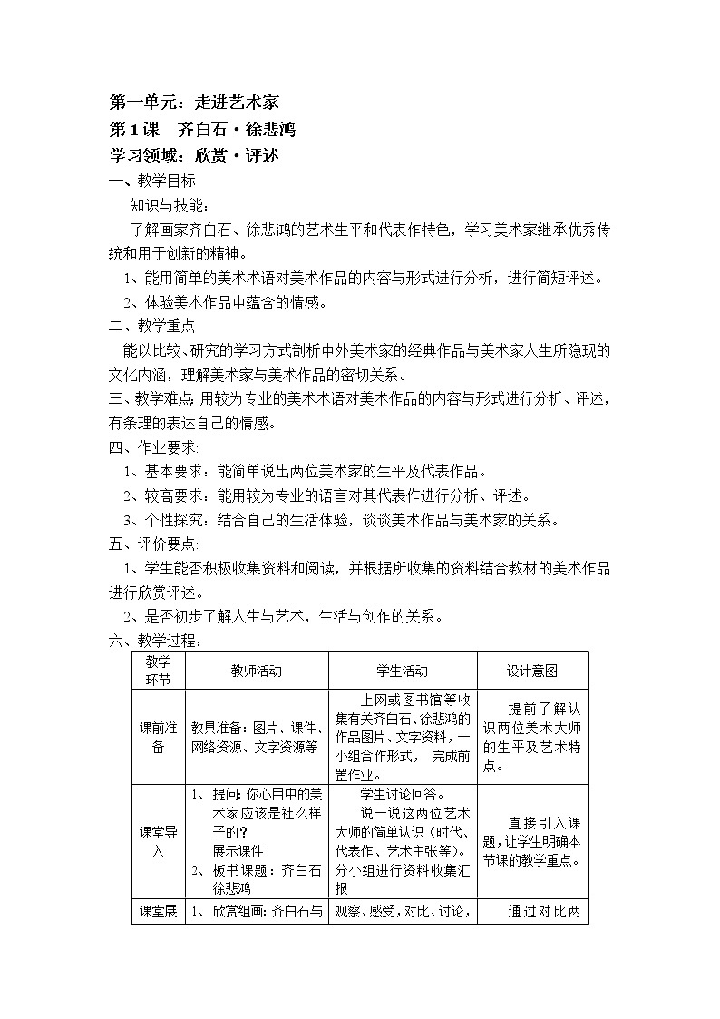 岭南版美术 九上 1齐白石 徐悲鸿  教案01