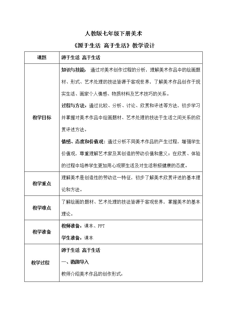 第一单元第1课《源于生活 高于生活》教学设计第1页