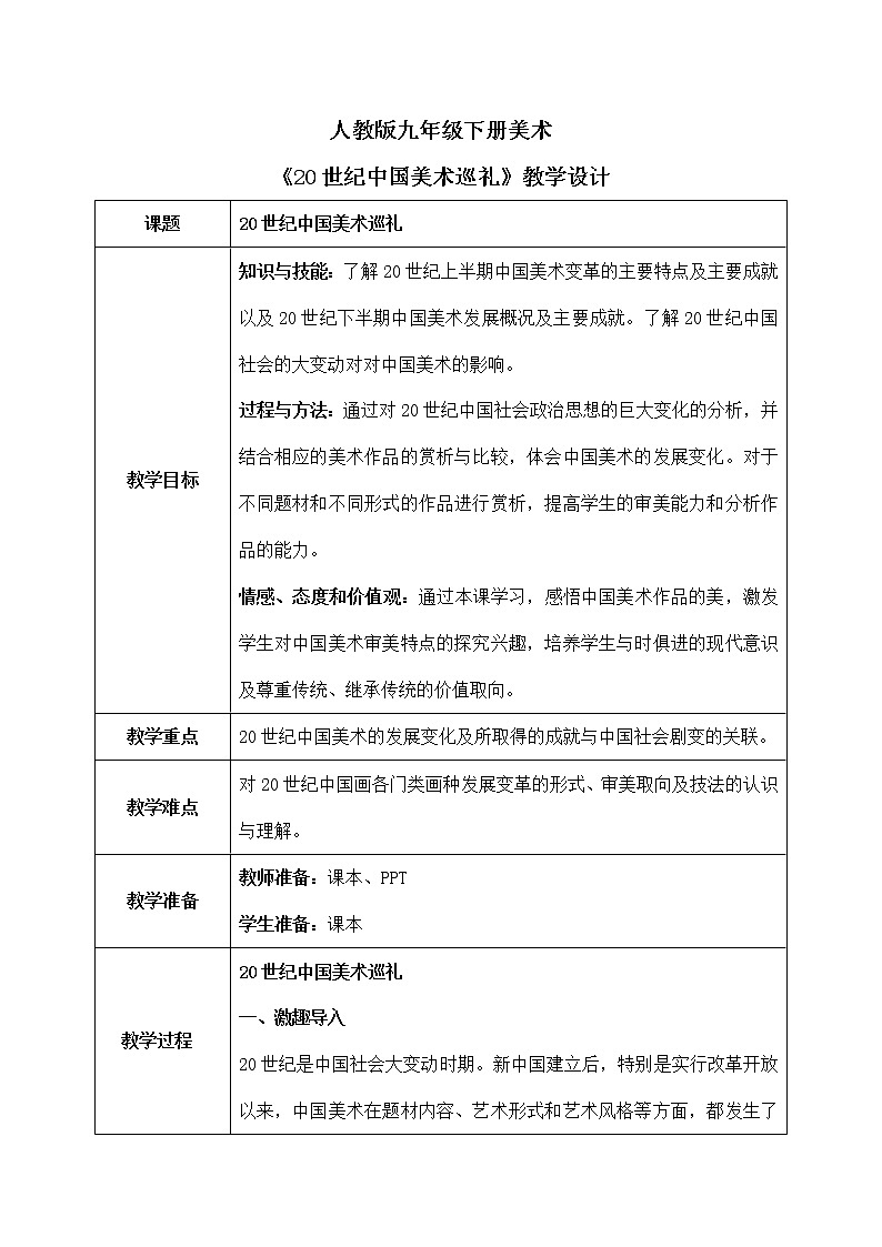 第四单元《20世纪中国美术巡礼》课件+教学设计01