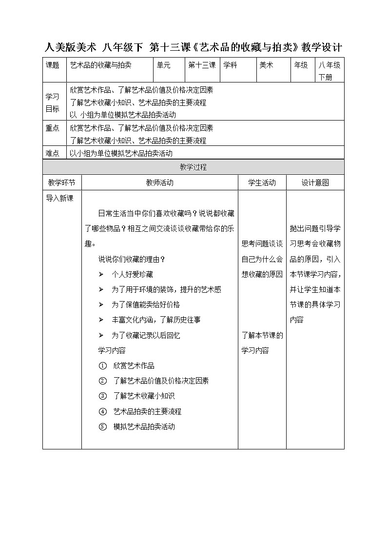 第十三课《艺术品的收藏与拍卖》课件+教案01