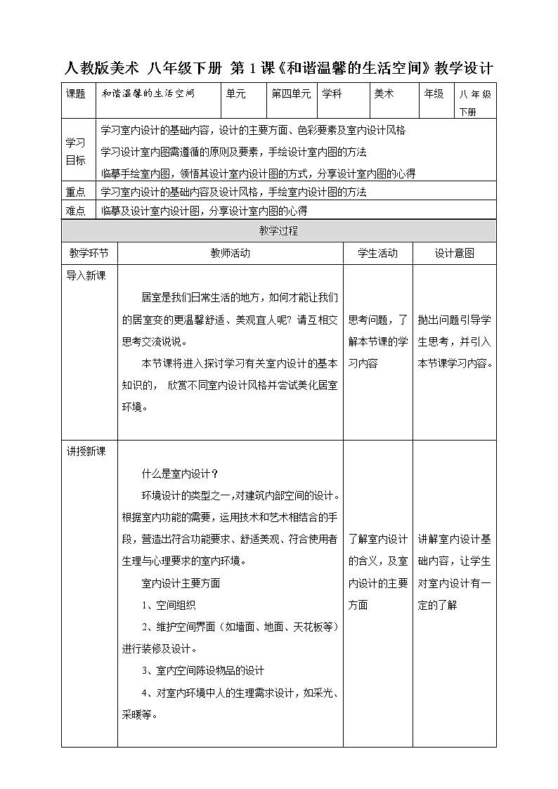 【人教版】八下美术  4.1 和谐温馨的生活空间  (课件+教案）01