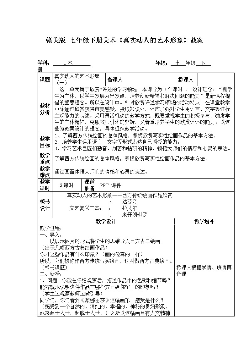 赣美版 七年级下册美术《真实动人的艺术形象》教案01