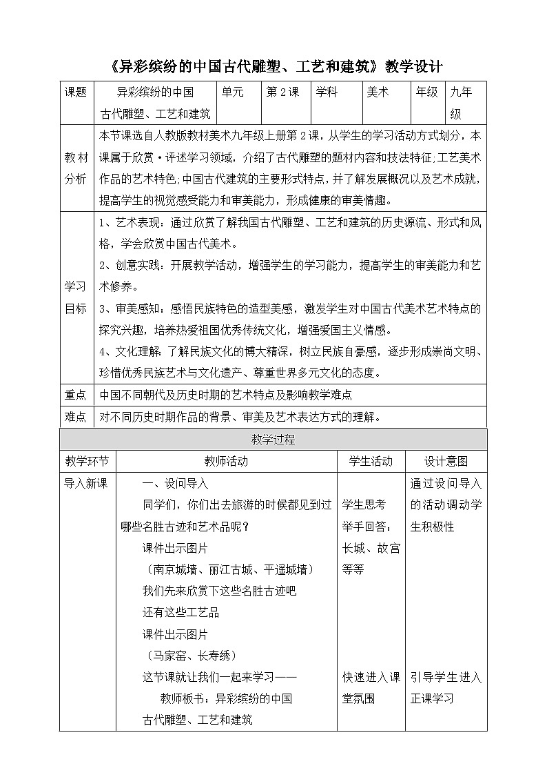 【人教版】九上美术  1.2《异彩纷呈的中国古代雕塑、工艺和建筑》（课件+教案）01