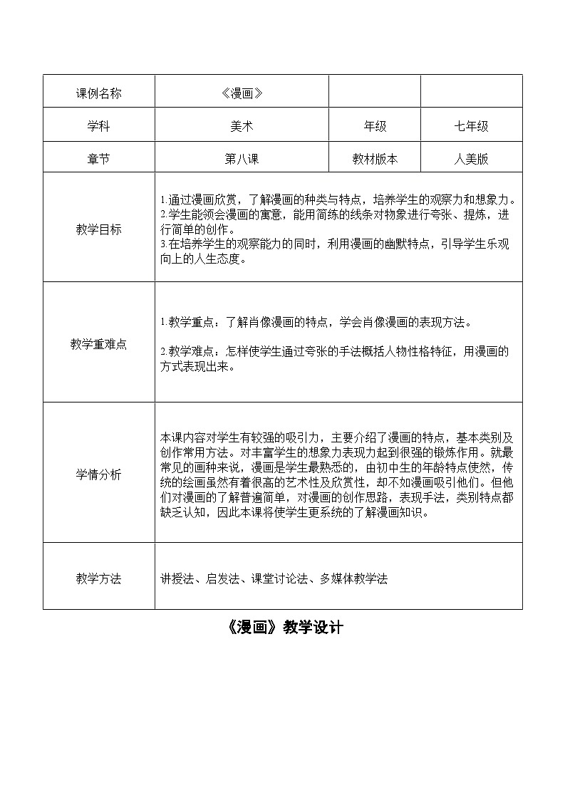 人美版美术初中七年级上册 第8课 《漫画》 课件+教案01