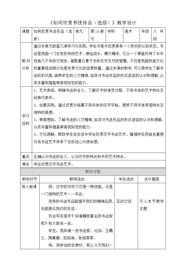 【核心素养】人美版美术八上 第14课《如何欣赏书法作品（选修）》课件+教案01