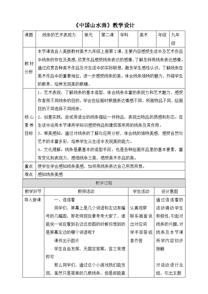 【核心素养】人美版美术九上 第2课《线条的艺术表现力》教案第1页
