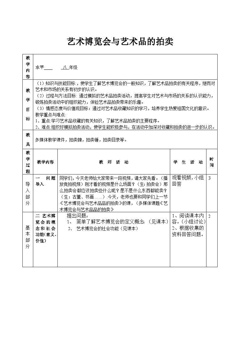 岭南版美术八年级上册 2.《 艺术博览会与艺术品拍卖》教案第1页