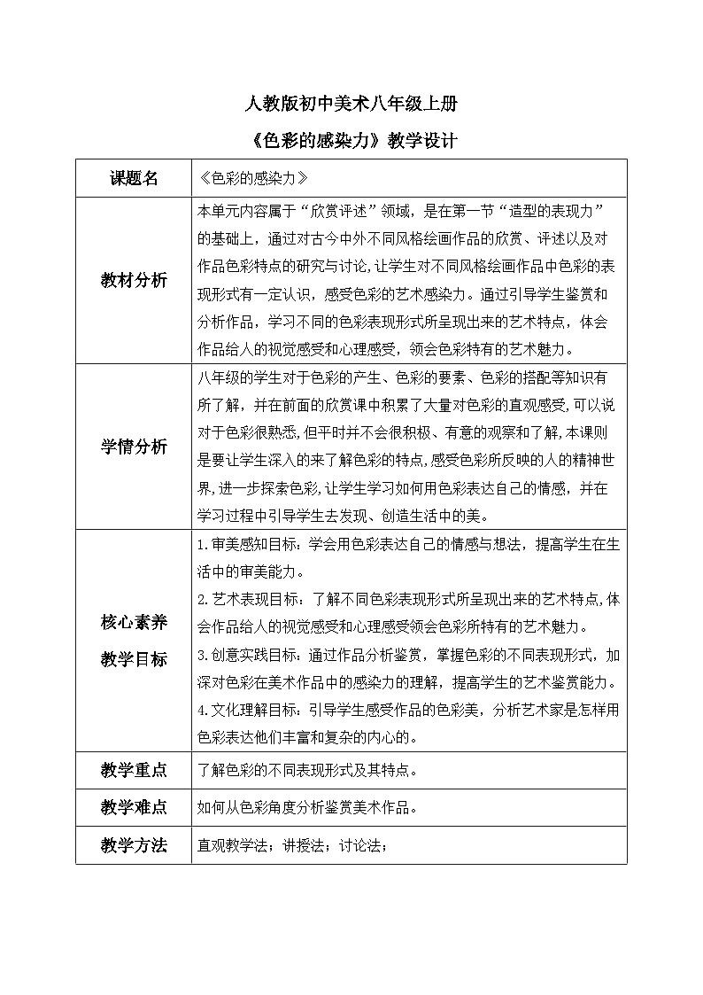 【核心素养目标】人教版初中美术八年级上册 《色彩的感染力》教案01