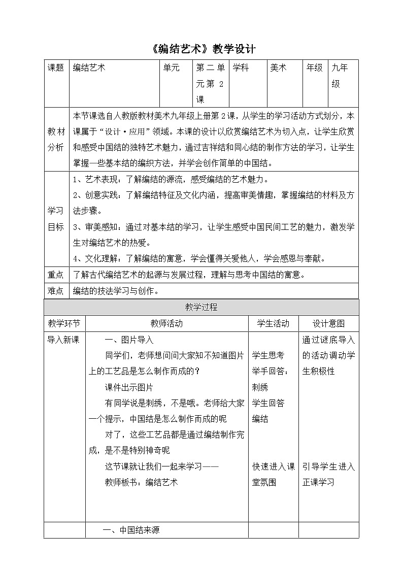 【核心素养目标】第二单元第二课《编结艺术》教案（表格式）01