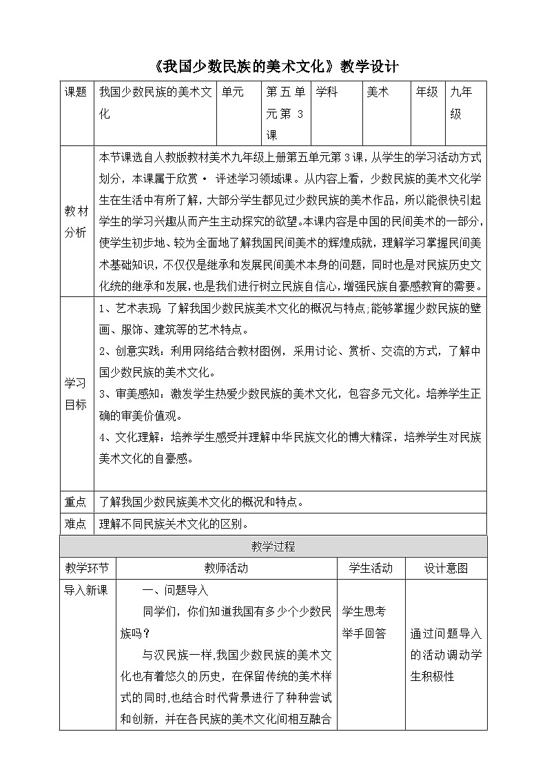 【新课标】第五单元第三课《我国少数民族的美术文化》教案（表格式）第1页