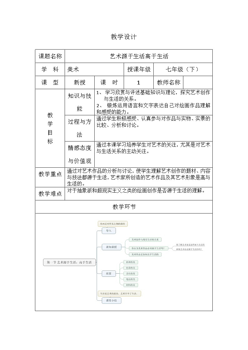 人教版初中美术七年级下册 第一单元  第1课 源于生活 高于生活  教案201