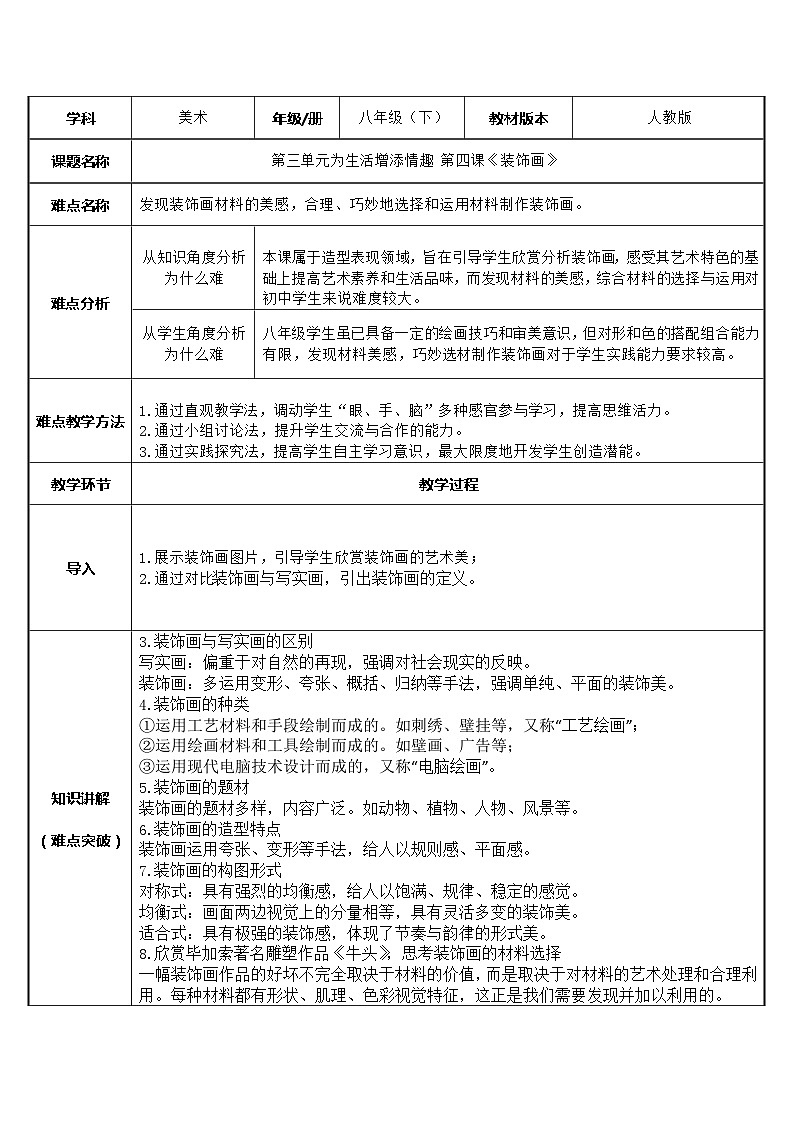 人教版初中美术八年级下册 第三单元 第4课 装饰画   教案1第1页