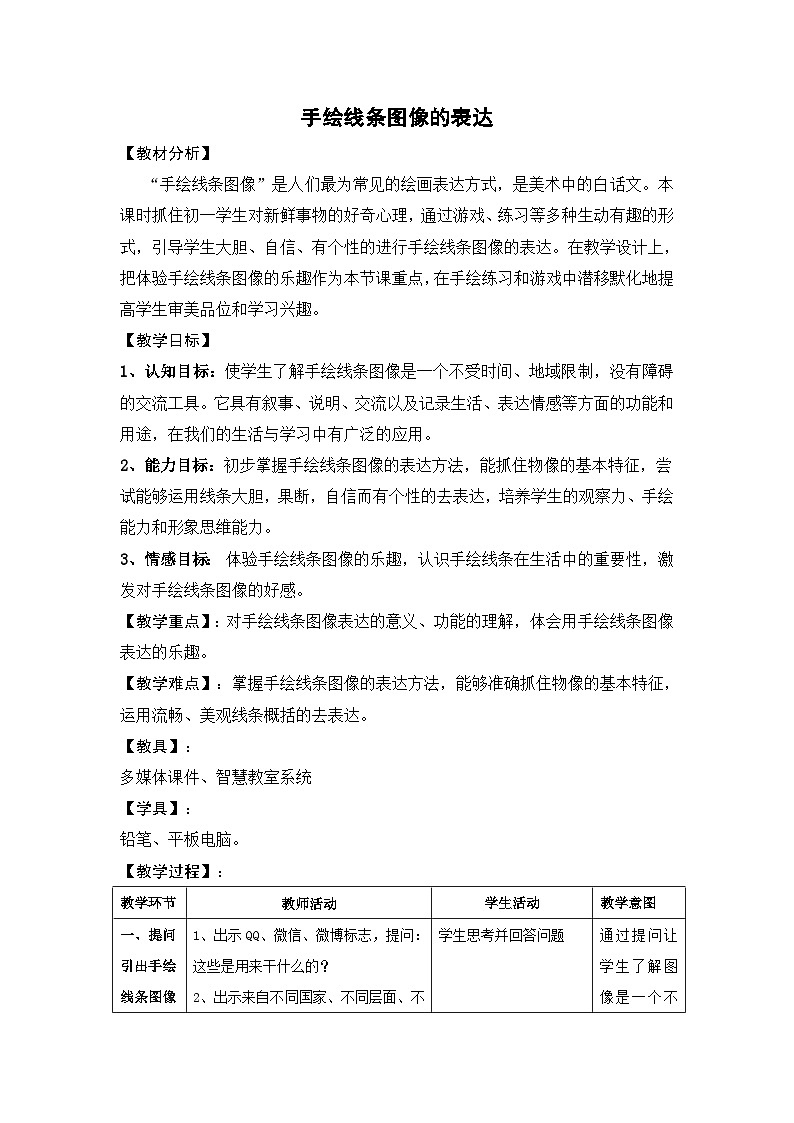 人美版初中美术七年级上册 2. 手绘线条图像——会说话的图画   教案第1页