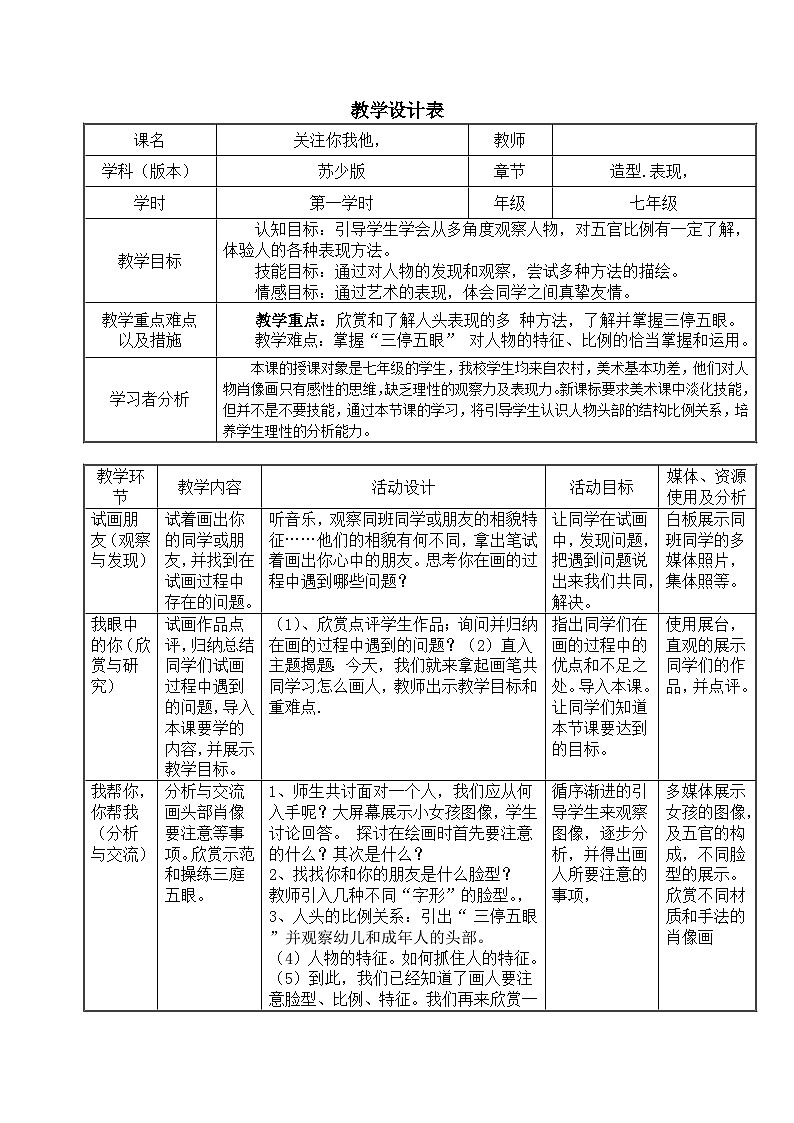 苏少版初中美术七年级下册 2.关注你、我，他   教案01