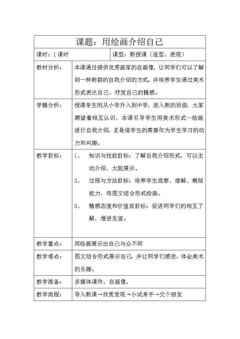 冀美版初中美术七年级上册 2.用绘画介绍自己   教案101