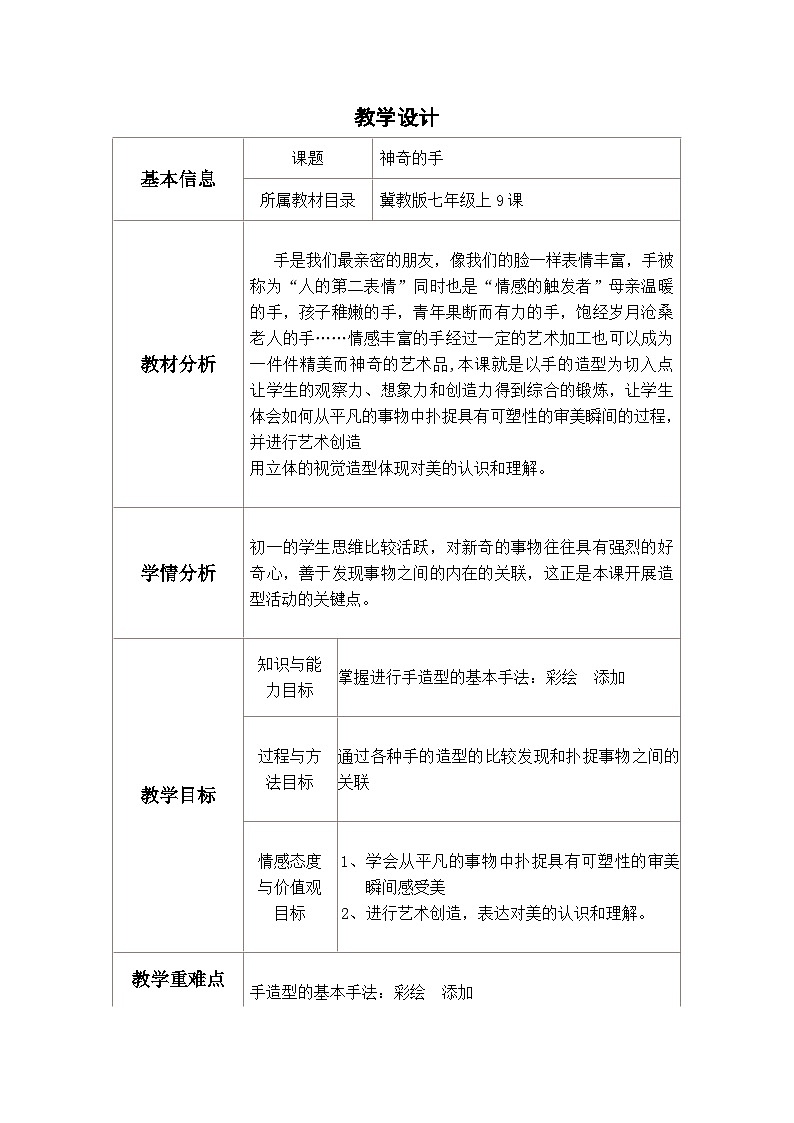 冀美版初中美术七年级上册11.神奇的手   教案第1页
