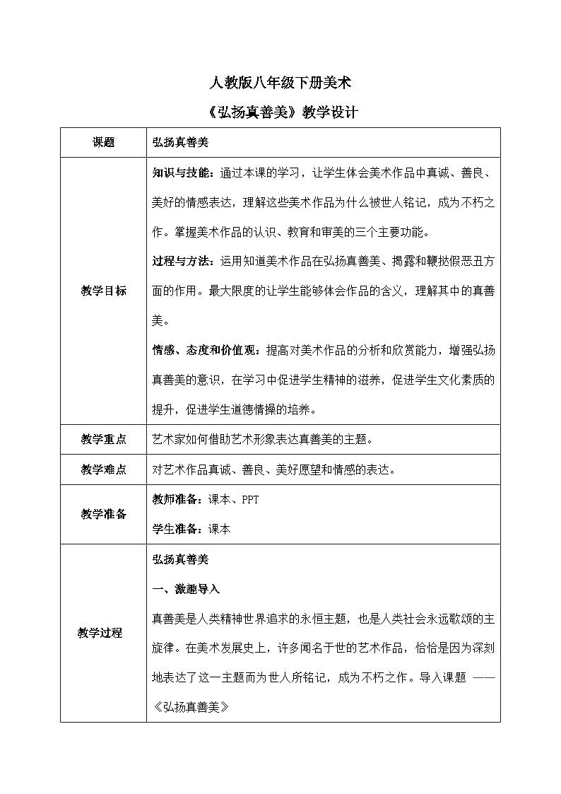 第一单元第二课《弘扬真善美》教学设计01