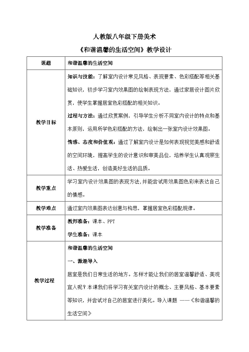 第四单元第一课《和谐温馨的生活空间》教学设计01