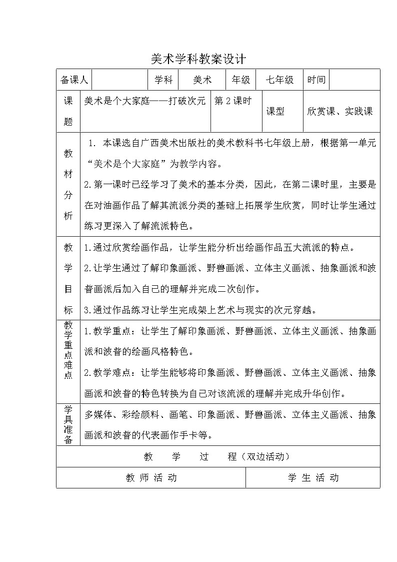人教版美术七年级上册 第一单元 第二课　美术是个大家族 教案01