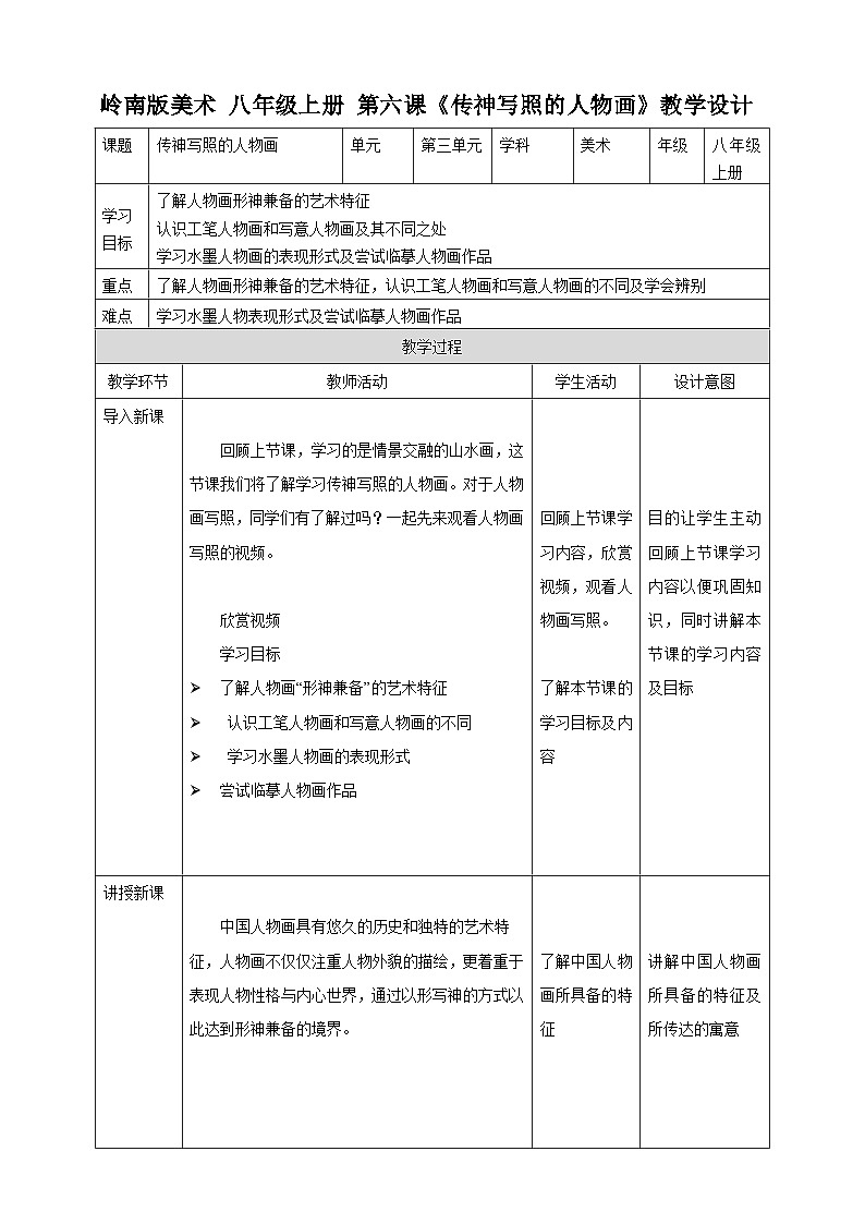 第六课《传神写照的人物画》教案第1页