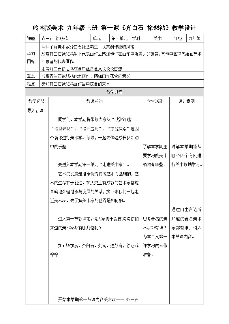 【岭南版】九上美术  第1课 齐白石 徐悲鸿 （教案+课件）01