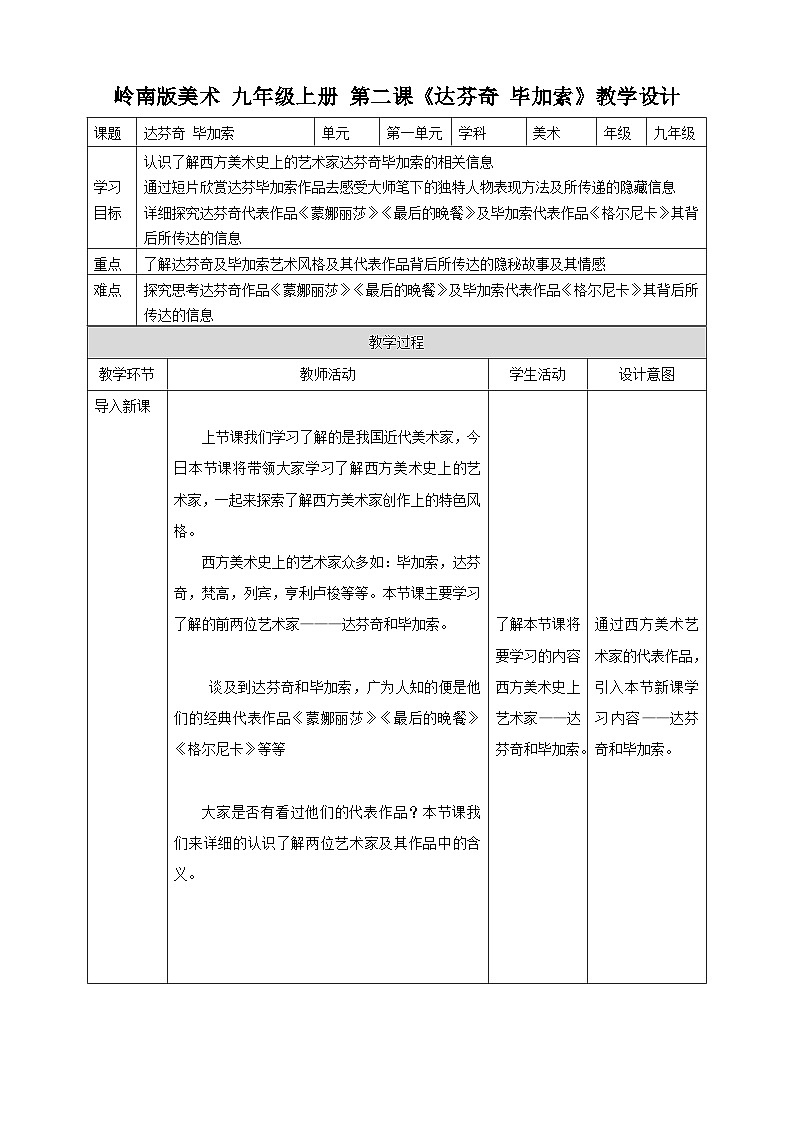 【岭南版】九上美术  第2课 达芬奇 毕加索 （教案+课件）01