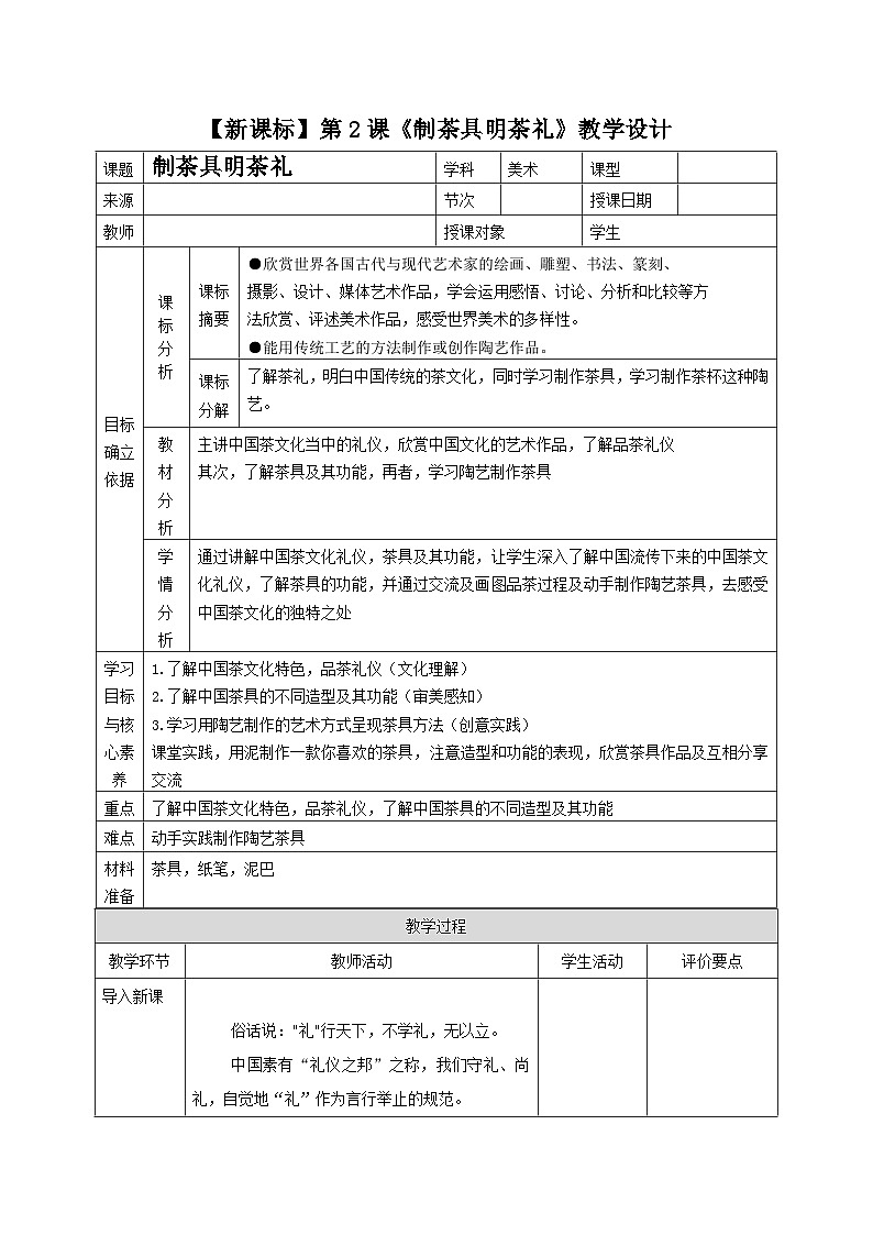【新教材新课标】岭南版美术七上笫2课《制茶具明茶礼》核心素养教案+课件01